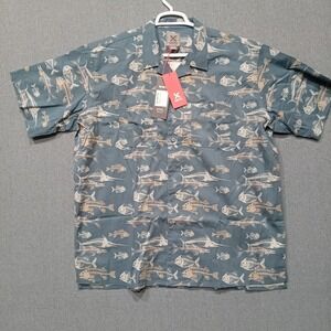 Vertx Mens Fish Skeleton Print Button Down Shirt Dead Sea Blue 2XL VTX1510 NEW